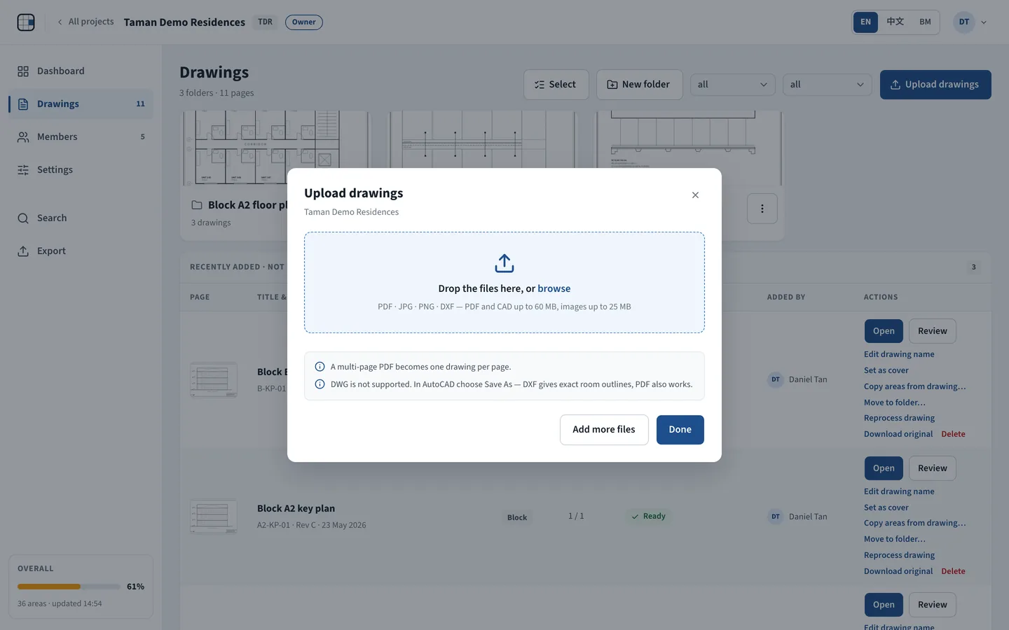The Upload drawings dialog