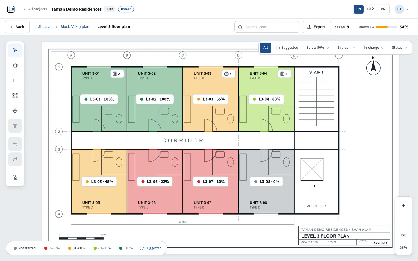 A Level 3 floor plan with every unit coloured by its progress